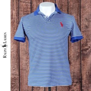 Pro Fit Large Red Pony Men's Blue and White Striped Polo